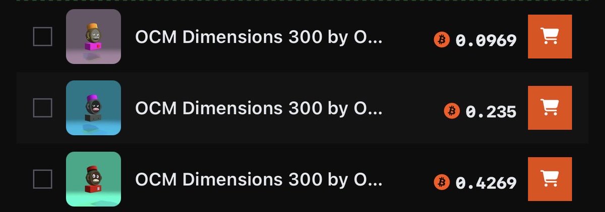 An online store listing displaying three items titled 'OCM Dimensions 300 by O...', each showing a small 3D character figure with prices of 0.0969, 0.235, and 0.4269 BTC.