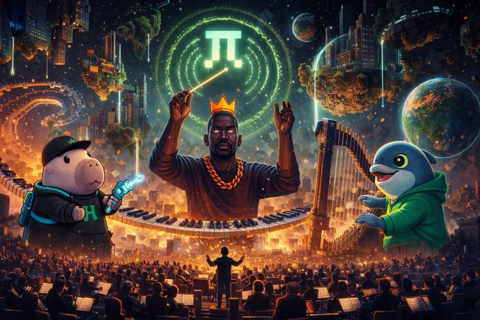 A colorful digital artwork featuring a crowned man conducting a cosmic orchestra, flanked by a hippo with a microphone and a dolphin with a harp.
