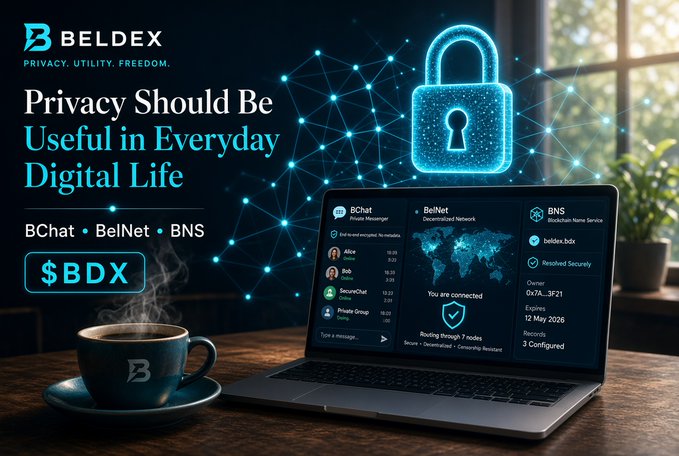 A promotional graphic for BELDEX displays the tagline 'Privacy Should Be Useful in Everyday Digital Life' alongside the $BDX ticker and logos for BChat, BelNet, and BNS.