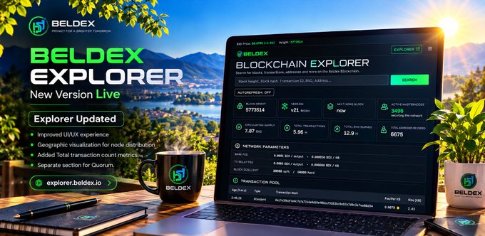 A promotional banner for 'BELDEX EXPLORER' advertises a new version with updated explorer features, showing a laptop displaying the blockchain explorer interface next to a branded mug and notebook on a desk.