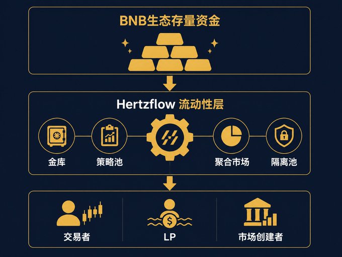 A dark-themed infographic illustrating the BNB ecosystem fund flow through Hertzflow liquidity layer, with components including vault (金库), strategy pool (策略池), aggregation market (聚合市场), and isolation pool (隔离池) connecting to traders, LPs, and market makers.