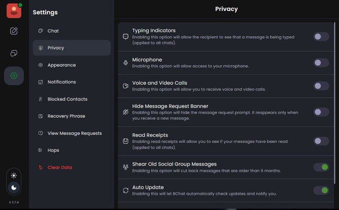 A dark-themed settings menu, specifically the Privacy section, displaying toggle options for Typing Indicators, Microphone, Voice and Video Calls, Hide Message Request Banner, Read Receipts, Shear Old Social Group Messages, and Auto Update.