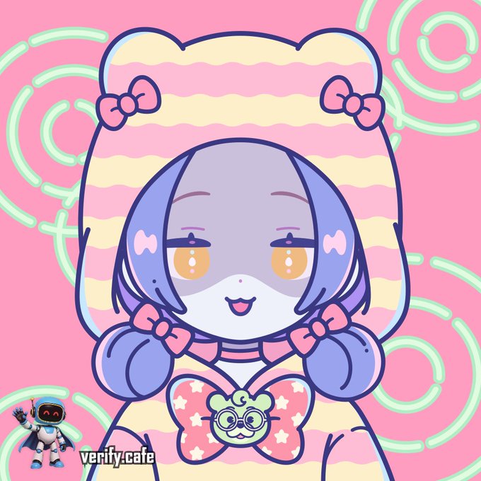 An anime-style illustration features a purple-haired character with a striped hood and a bow featuring a green cat-like face, set against a pink background with green swirls, with a small astronaut figure and 'verify.cafe' text in the corner.