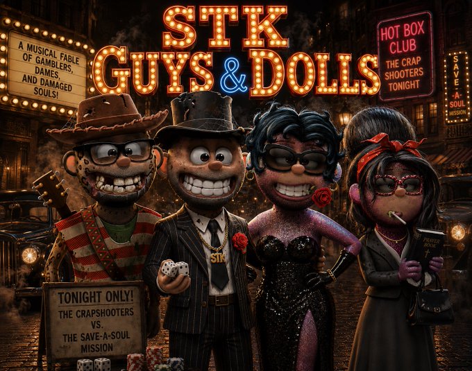 The image is a vibrant, vintage Broadway-style poster promoting the "STK Guys & Dolls" collection, featuring four stylized, puppet-like characters in front of illuminated marquees advertising the "Hot Box Club" and a "Crapshooters vs. The Save-A-Soul Mission." The accompanying post promotes artist Jon Winchell's STK NFT project and Dolls collection, highlighting a free OG BUGZ mint through Unvault and reminding collectors that holding both an STK and a Doll is required to mint future STK Babies.