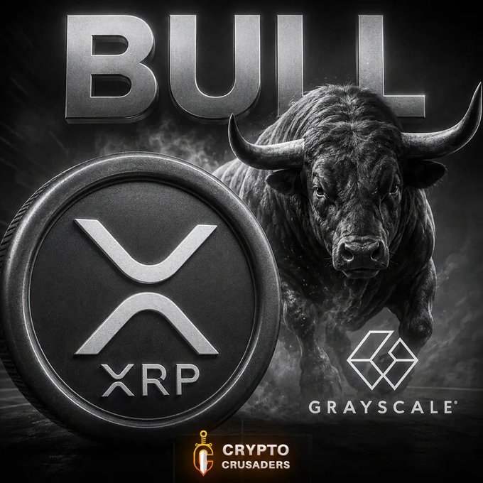 Promotional graphic featuring a charging bull, the word 'BULL', an XRP coin, and the Grayscale logo, branded with 'Crypto Crusaders' watermark.