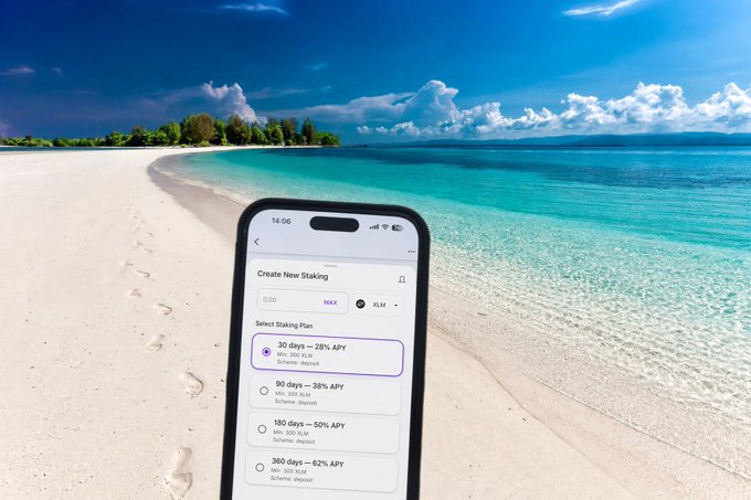 A smartphone displaying a 'Create New Staking' interface with various staking plan options (30, 90, 180, 360 days) and APY rates, set against a tropical beach background.