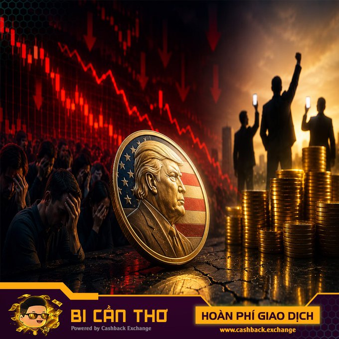 A promotional graphic for 'Bí Cân Thơ - Powered by Cashback Exchange' showing a coin with a Trump-like portrait and American flag, surrounded by distressed figures and red downward price candles, advertising transaction fee refunds.