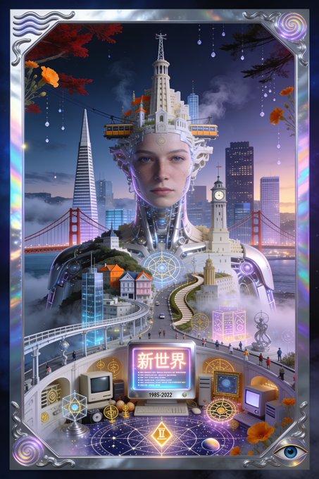 A vibrant surreal digital artwork features a woman's face merged with San Francisco landmarks including the Transamerica Pyramid and Golden Gate Bridge, with Chinese characters '新世界' and dates '1985-2022' displayed in a holographic card.