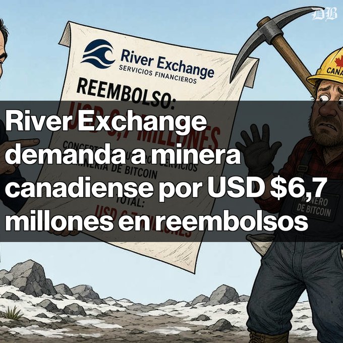 A news graphic featuring cartoon miners displays Spanish text: 'River Exchange demanda a minera canadiense por USD $6,7 millones en reembolsos' alongside a 'River Exchange SERVICIOS FINANCIEROS' logo and a 'REEMBOLSO' document.