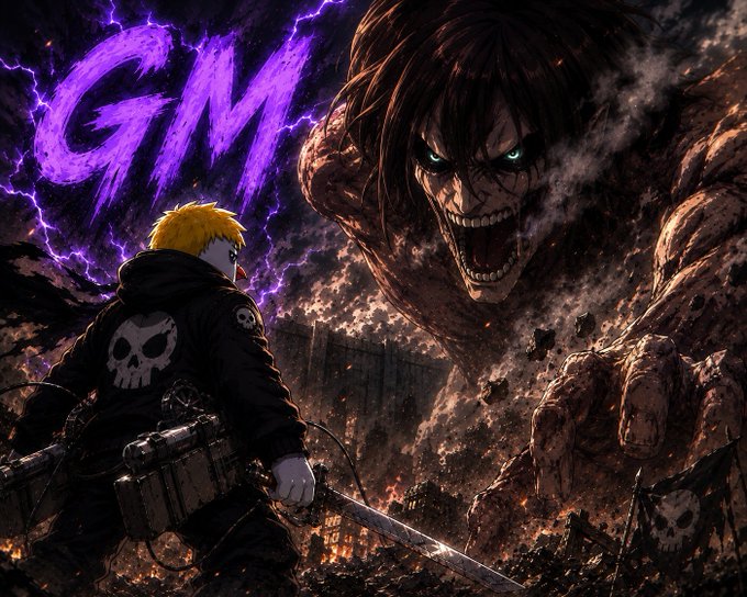 An anime-style illustration depicts a blonde character with a skull emblem facing a massive, roaring titan figure, with purple "GM" text displayed in the upper left.