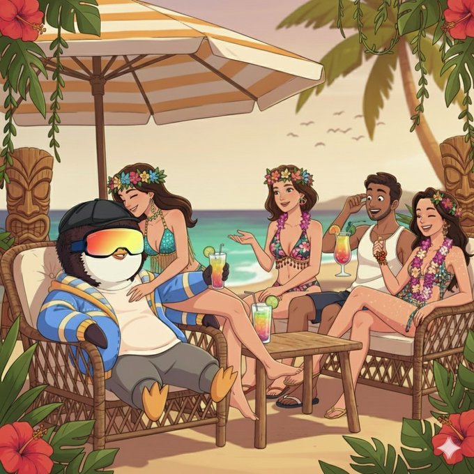 The image features a cartoon penguin sitting on a chair with an umbrella above him, surrounded by four people enjoying their time at the beach. The group consists of two men wearing swimsuits and one woman in a floral dress. They are all seated around a table filled with drinks, including several cups and wine glasses. The scene is set against a backdrop of palm trees and a beautiful beach landscape.