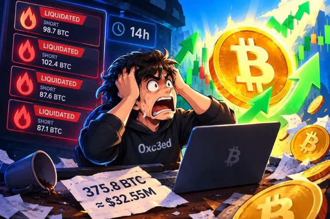 An anime-style illustration of a distressed trader at a laptop, surrounded by Bitcoin coins and a screen showing multiple short liquidations totaling 375.8 BTC (~$32.55M).