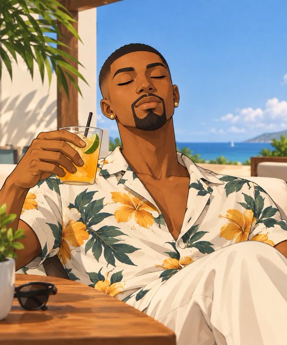 An illustrated portrait of a stylish man wearing a tropical floral shirt, sipping a drink with his eyes closed as he relaxes at a beachside setting.