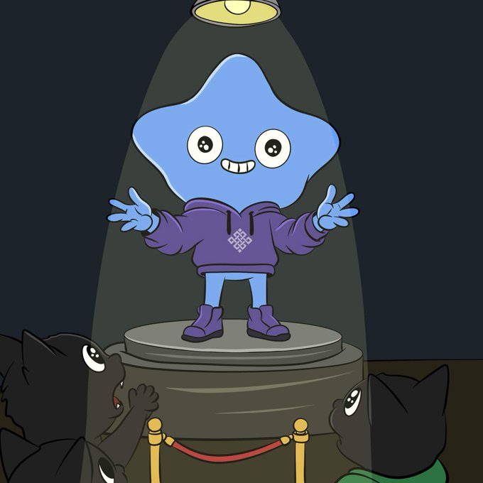 An illustration of a blue star-shaped cartoon character wearing a purple hoodie standing under a spotlight on a pedestal, with two black cat characters watching from behind a velvet rope.