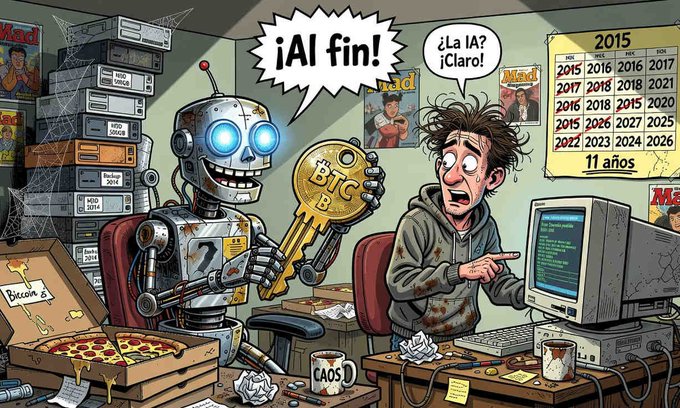 Cartoon illustration of a robot holding a gold 'BTC' key and telling a frazzled man '¡Al fin!' and '¿La IA? ¡Claro!', with pizza boxes, computer equipment, and a wall calendar showing years 2015-2027.