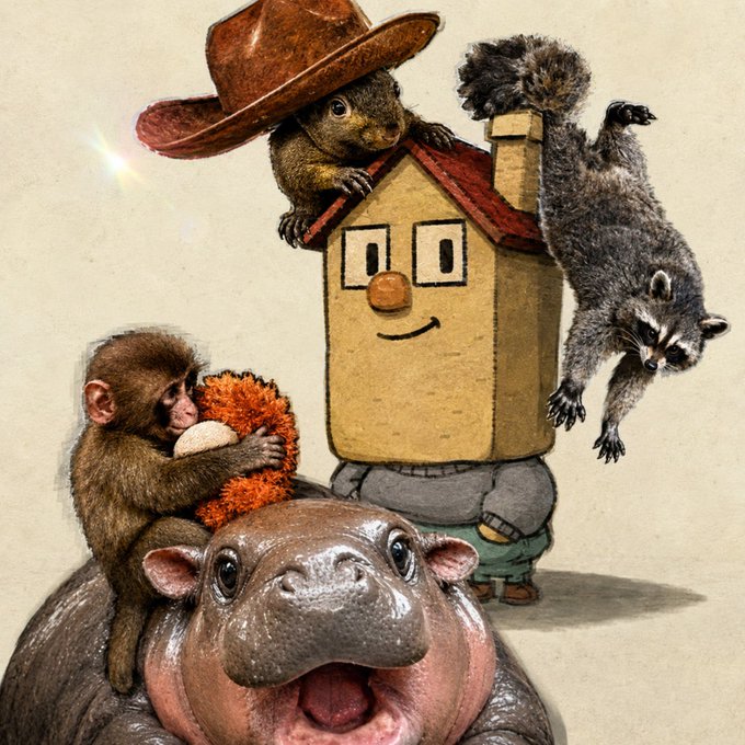 A whimsical digital illustration featuring a baby monkey hugging a teddy bear while riding on a hippopotamus, with a turtle-like house topped by a bear wearing a cowboy hat and a raccoon hanging upside down.