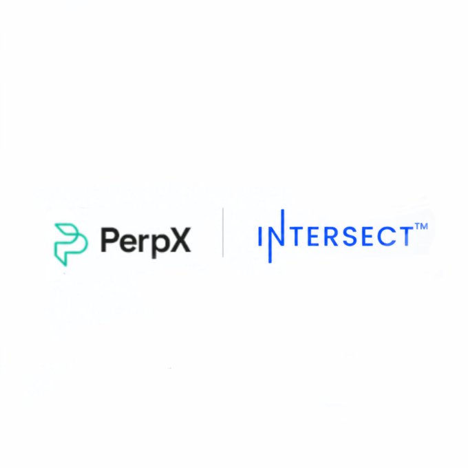 A simple white background displaying two company logos side by side: 'PerpX' in green and black, and 'INTERSECT' in blue with a heartbeat-style line through it.