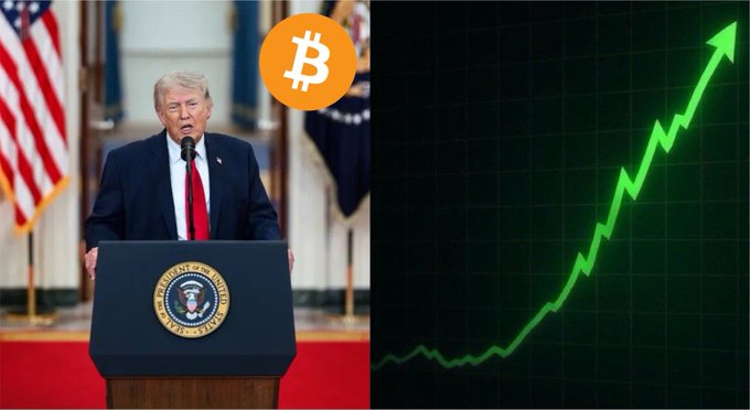 This image shows Donald Trump and a Bitcoin symbol next to a green upward trending stock graph, implying a connection between Trump Media, Bitcoin, and financial growth. The text overlay and accompanying post confirm this by announcing Trump Media's substantial Bitcoin holdings and their projected market impact.