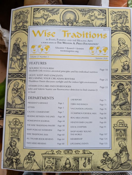 The cover/table of contents page of 'Wise Traditions in Food, Farming and the Healing Arts' magazine (Volume 27, Number 2, Summer 2026), published by The Weston A. Price Foundation, featuring ornate medieval-style illustrations and listing features on circadian rhythm, vitamin D, and nutrition.