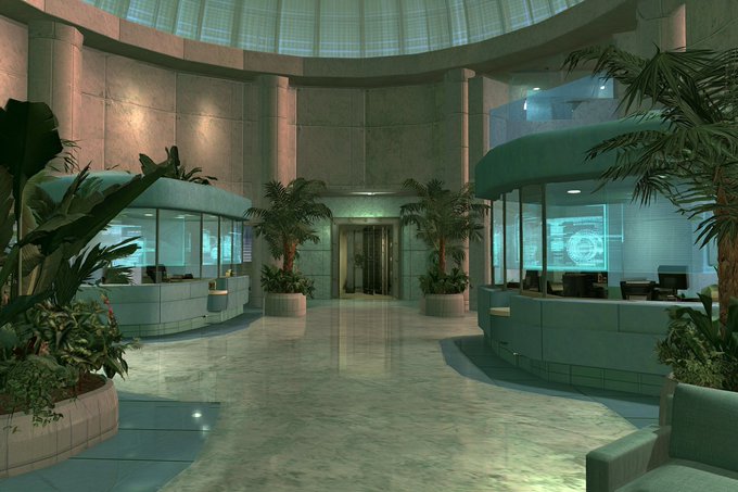 A grand, futuristic bank lobby with curved glass teller stations, lush potted palms, and a glowing dome ceiling evokes the early-2000s vision of high-tech finance, now contrasted with the post's message about replacing such traditional systems with an Ethereum-based alternative.