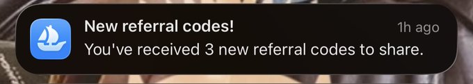 A smartphone notification from an app showing 'New referral codes! You've received 3 new referral codes to share,' marked as received 1 hour ago.