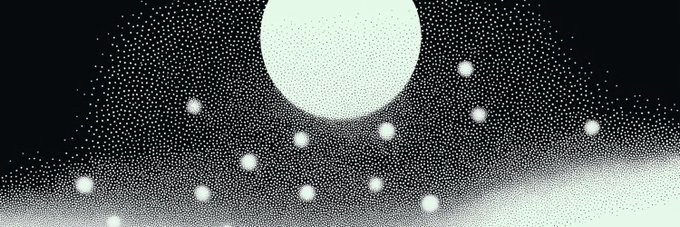 A minimalist black and white illustration depicts a large white moon surrounded by smaller glowing dots resembling stars or fireflies above a wavy horizon line.