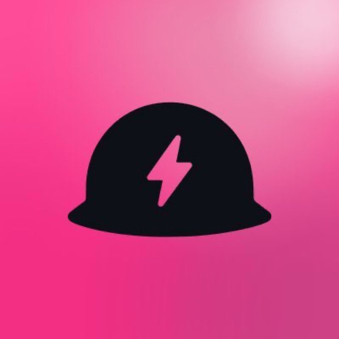 A simple digital illustration shows a black silhouette of a military-style helmet with a pink lightning bolt emblem against a gradient pink background.