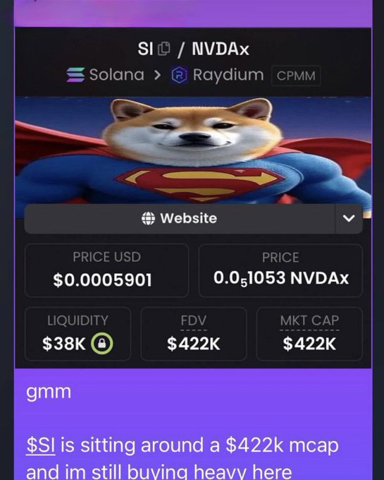 A meme coin $SI (NVDAx) on Solana via Raydium CPMM is shown with a $0.0005901 price, $38K liquidity, and $422K market cap, paired with a Superman-doge image. The poster brags about calling $SI early at a $422k mcap and emphasizes that early entry plus conviction is the "secret" to catching meme coin runners.