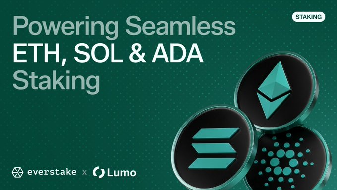 Promotional graphic for Everstake and Lumo featuring the headline "Powering Seamless ETH, SOL & ADA Staking," accompanied by 3D-rendered logos of Ethereum, Solana, and Cardano against a green background. The image visually reinforces the post's announcement of native, non-custodial staking support for these three assets within the Lumo Wallet app.