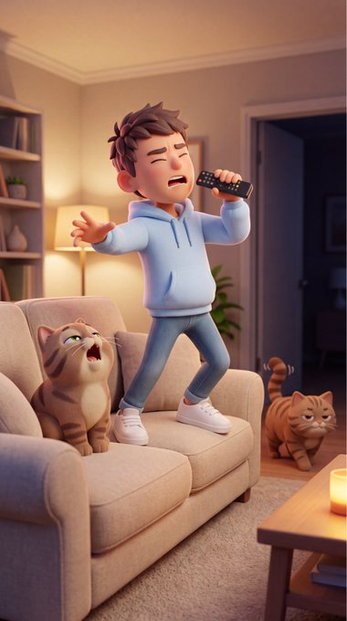 A 3D animated cartoon scene showing a young man singing karaoke with a remote while standing on a couch, with two cats around him in a cozy living room setting.