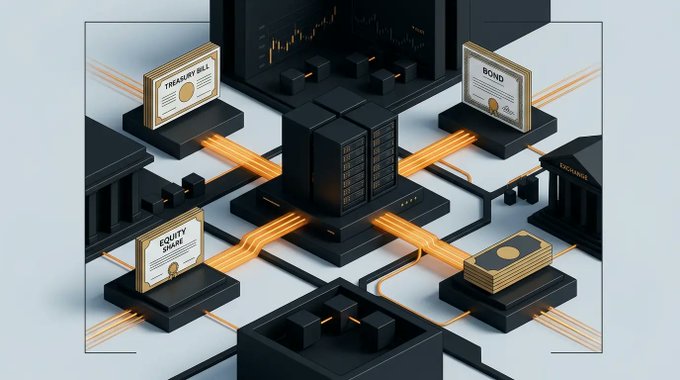 A 3D illustration of a financial network showing digital documents labeled 'TREASURY BILL', 'BOND', and 'EQUITY SHARE' connected by glowing orange lines.