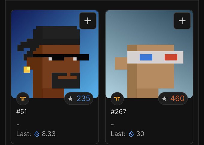Two NFT-style profile cards on a dark interface: the left (#51) shows a pixelated character with dark skin and hair, valued at 235 stars, with a last sale of 8.33 ETH; the right (#267) shows a tan character with 3D glasses, valued at 460 stars, with a last sale of 30 ETH.
