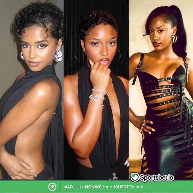 A side-by-side collage of three portraits of a woman with dark hair in different stylish black outfits, with a 'Sportsbet.io' watermark and a banner reading '#AD - Use NGNWC for a 10USDT Bonus!'