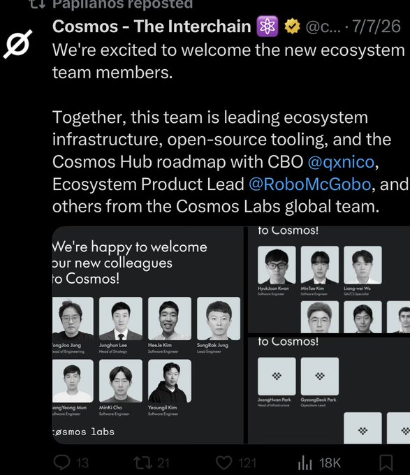 A screenshot of a social media post from 'Cosmos - The Interchain' dated 7/7/26, welcoming new ecosystem team members with headshots displayed below the text.