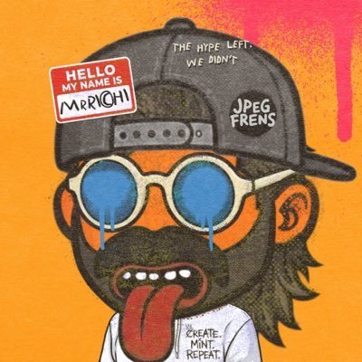 A cartoon NFT-style character wearing a 'JPEG FRENS' cap with a 'Hello My Name is MAR1CHI' name tag, with text reading 'The hype left. We didn't' and 'Create. Mint. Repeat.'