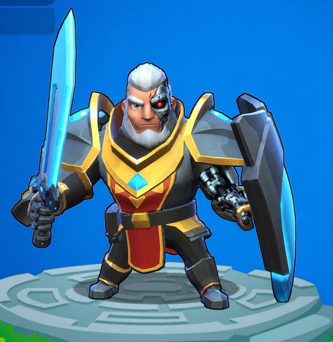 A 3D animated cyborg warrior character with a white beard and robotic arm, wielding a glowing blue sword and shield while standing on a stone platform.