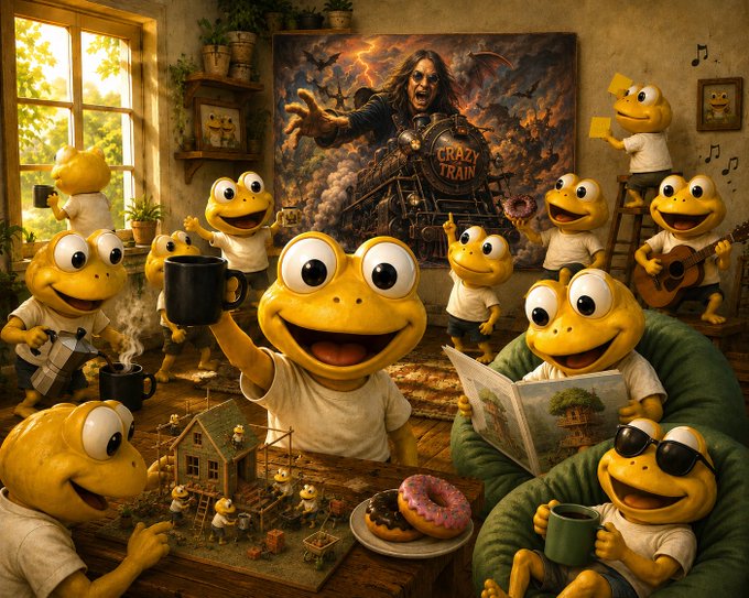 A whimsical illustration depicts a group of yellow frog-like characters in a cozy living room, enjoying activities like drinking coffee, reading, and playing guitar, with a 'Crazy Train' poster on the wall.