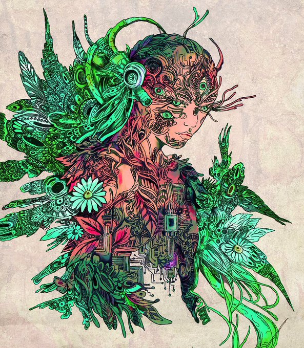 An intricate psychedelic illustration of a female figure composed of circuit boards, flowers, and mechanical elements rendered in vibrant greens, pinks, and reds against a beige background.