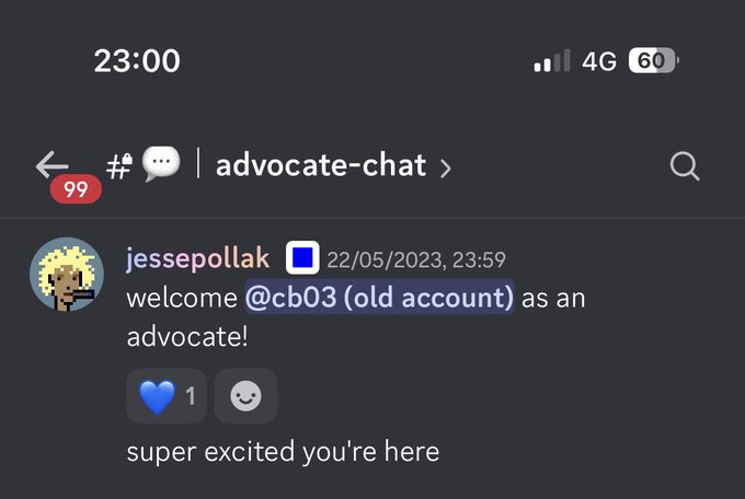 Screenshot of a Telegram chat in the 'advocate-chat' channel where user 'jessepollak' welcomes '@cb03 (old account)' as an advocate.