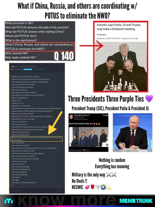 This meme suggests a conspiracy theory that President Trump, along with leaders of China and Russia, are coordinating to dismantle the "New World Order," referencing Q140 and a headline about a trilateral meeting. The image connects this idea with visuals of Trump, Putin, and Xi Jinping, some wearing purple ties, and a quote about everything having meaning.