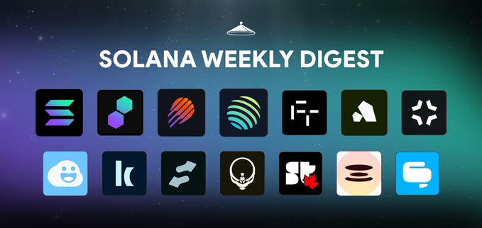 A promotional graphic titled "SOLANA WEEKLY DIGEST" featuring a UFO icon and a grid of 14 colorful project logos set against a starry gradient background. The image serves as a visual header for a weekly roundup covering Solana's expanding RWA ecosystem and the "stocklana" hackathon.