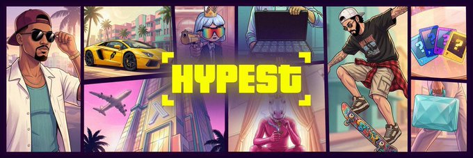 A colorful collage-style banner with the word 'HYPEST' in the center, surrounded by cartoon-style illustrations of people, sports cars, an airplane, a skateboarder, and digital products.