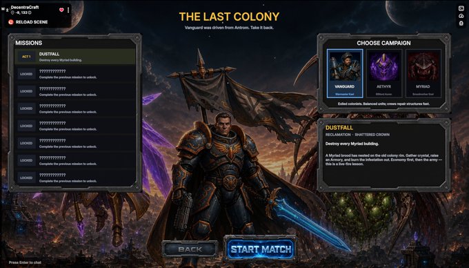 A video game menu screen titled 'THE LAST COLONY' showing campaign selection with options like 'VANGUARD', 'AETHER', and 'MYRIAD', featuring a warrior character and 'START MATCH' button.