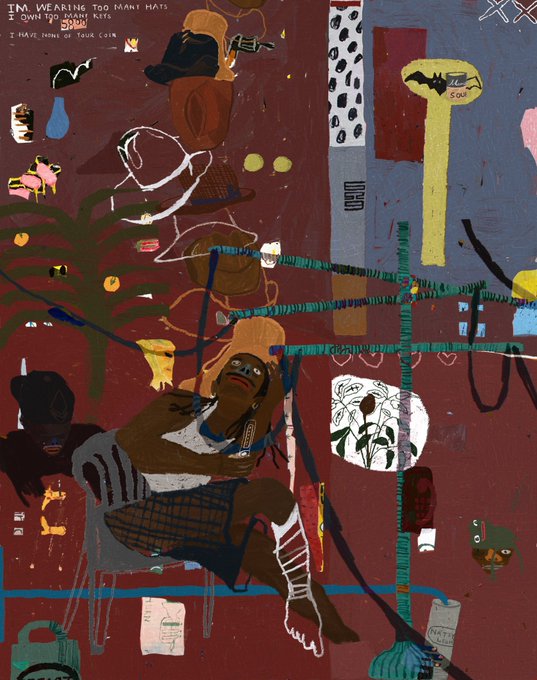 An abstract artwork with handwritten text reading "I'M WEARING TOO MANY HATS I OWN TOO MANY PETS BURGERS I HAVE NONE OF YOUR COIN" alongside various stylized figures and objects.
