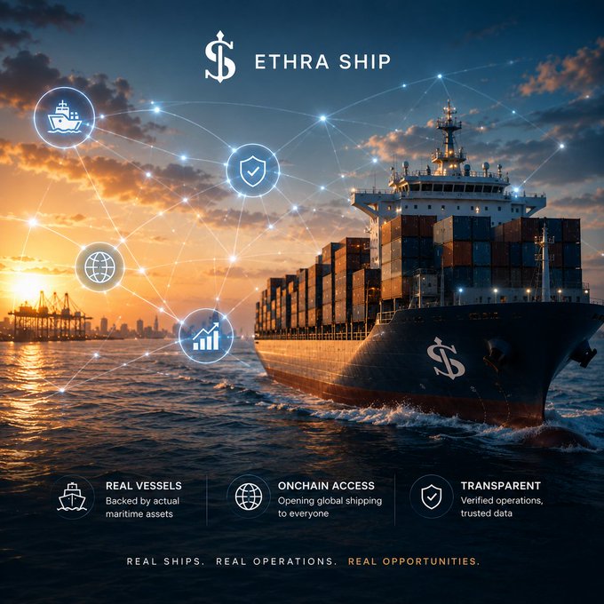 A promotional banner for 'SETHRA SHIP' featuring a large container ship at sunset with overlaid networking icons, highlighting features: Real Vessels (Backed by actual maritime assets), Onchain Access (Opening global shipping to everyone), and Transparent (Verified operations, trusted data).