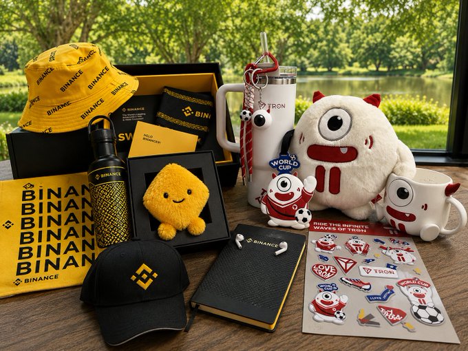 A promotional gift box containing Binance and TRON branded merchandise, including a yellow "BINAN" bucket hat, a Binance water bottle, a TRON mug, a plush toy, and various stickers.