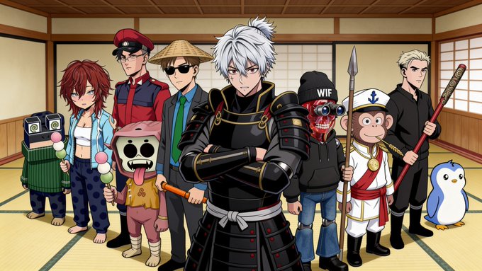 The image features a group of anime-style characters including a white-haired samurai in black armor, a monkey in a sailor outfit, a red-haired character, and others standing in a traditional Japanese tatami room, with one character's hat reading "WIF" and another wearing a "WIF" cap. The scene visually represents the diverse cast of the Kenji Origin NFT project being promoted in the giveaway post.
