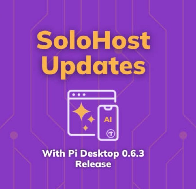 A purple promotional graphic with yellow and white text reading 'SoloHost Updates With Pi Desktop 0.6.3 Release,' featuring a white line illustration of a web window and smartphone with 'AI' and the pi symbol.