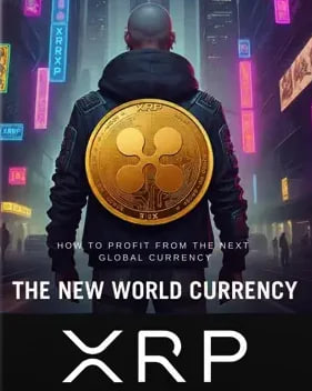 A book cover titled "THE NEW WORLD CURRENCY XRP" with the subtitle "HOW TO PROFIT FROM THE NEXT GLOBAL CURRENCY," featuring a hooded figure with a large gold XRP coin on their back, standing in a neon-lit cityscape. The image complements the post by visually reinforcing the user's enthusiastic belief in XRP's long-term potential as a global currency, despite their expectation of short-term market downturns.