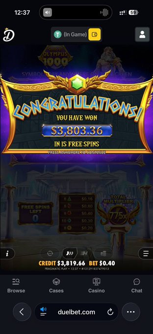 A screenshot from duelbet.com showing a "CONGRATULATIONS!" screen for winning $3,803.36 in free spins on the "Power of Olympus 1000" slot game at $0.40 bet, illustrating the post's claim of turning a small bet into a big win.